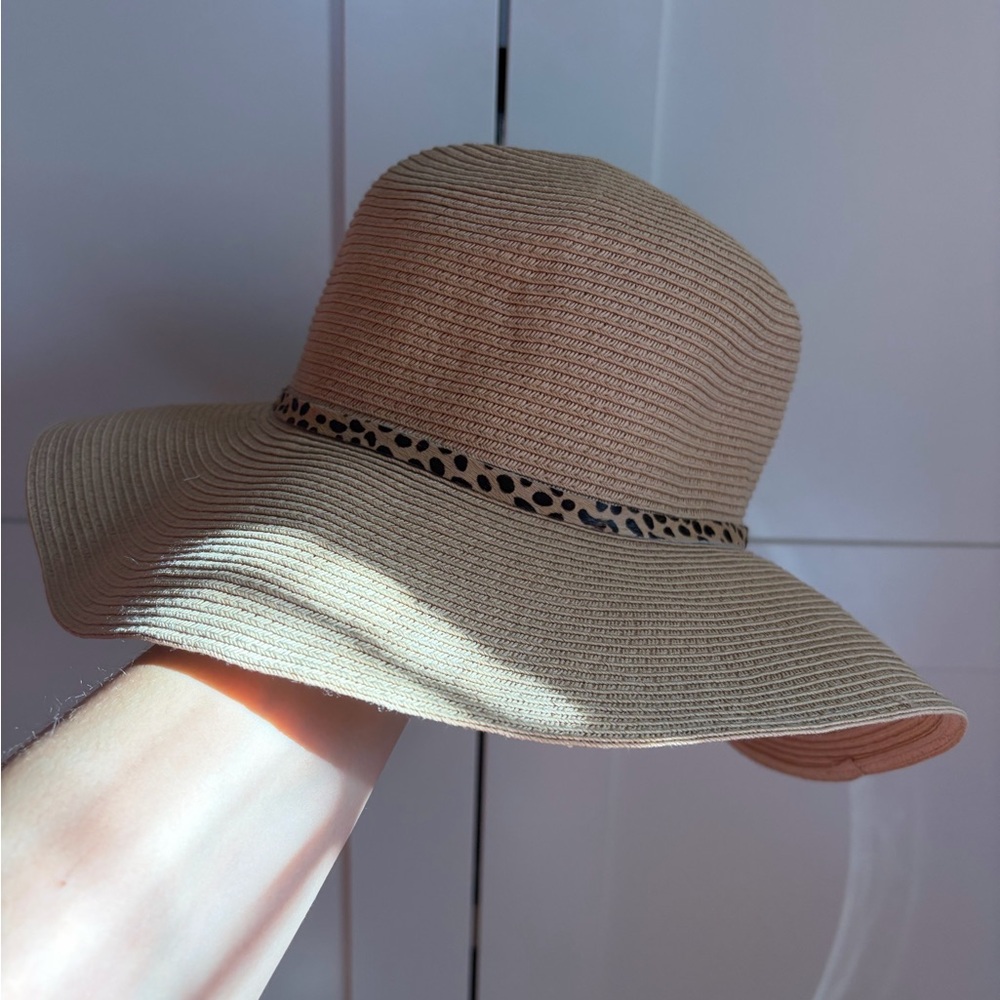 Tan Wide-Brim Hat with Animal Print Band - Hat Attack, Anthropologie